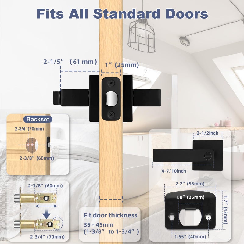 Estmoon 6 Pack Matte Black Door Handle  Keyless Interior Door Knobs Square Privacy Door Levers Heavy Duty Door Locks for Bedroom Bathroom  Reversible Interior Handles for Left & Right Handled Doors - Image 5